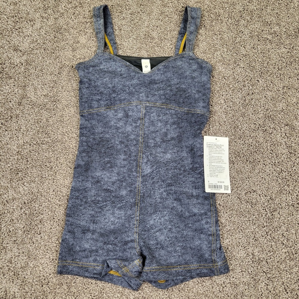 Lululemon Everlux Denim-Print Women S Blue NEW LW1FEDS SOTM Romper 3in